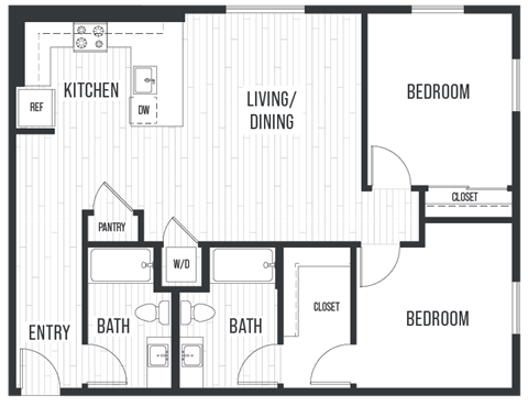 Floor plan for 2 beds, 2 baths, 1232 sqft